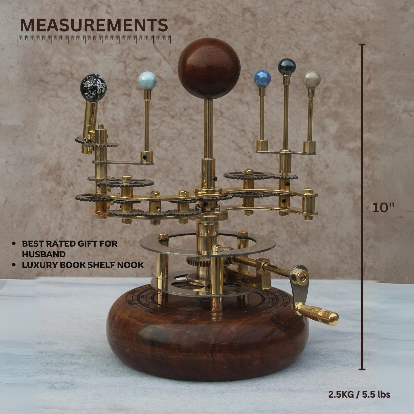 Brass Orrery a Luxury Art Piece for Book Shelves, Functional Model of Solar System