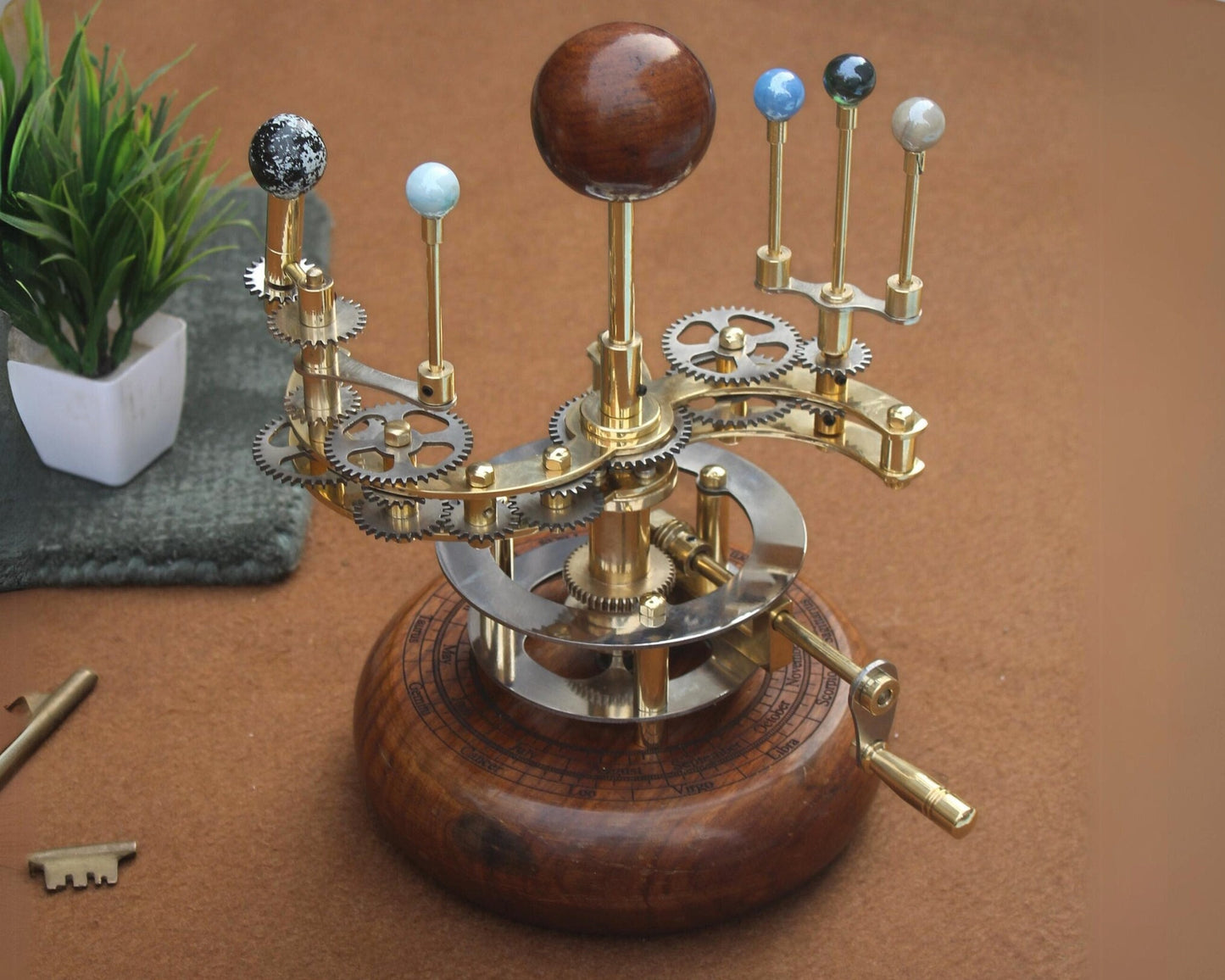 Brass Orrery a Luxury Art Piece for Book Shelves, Functional Model of Solar System