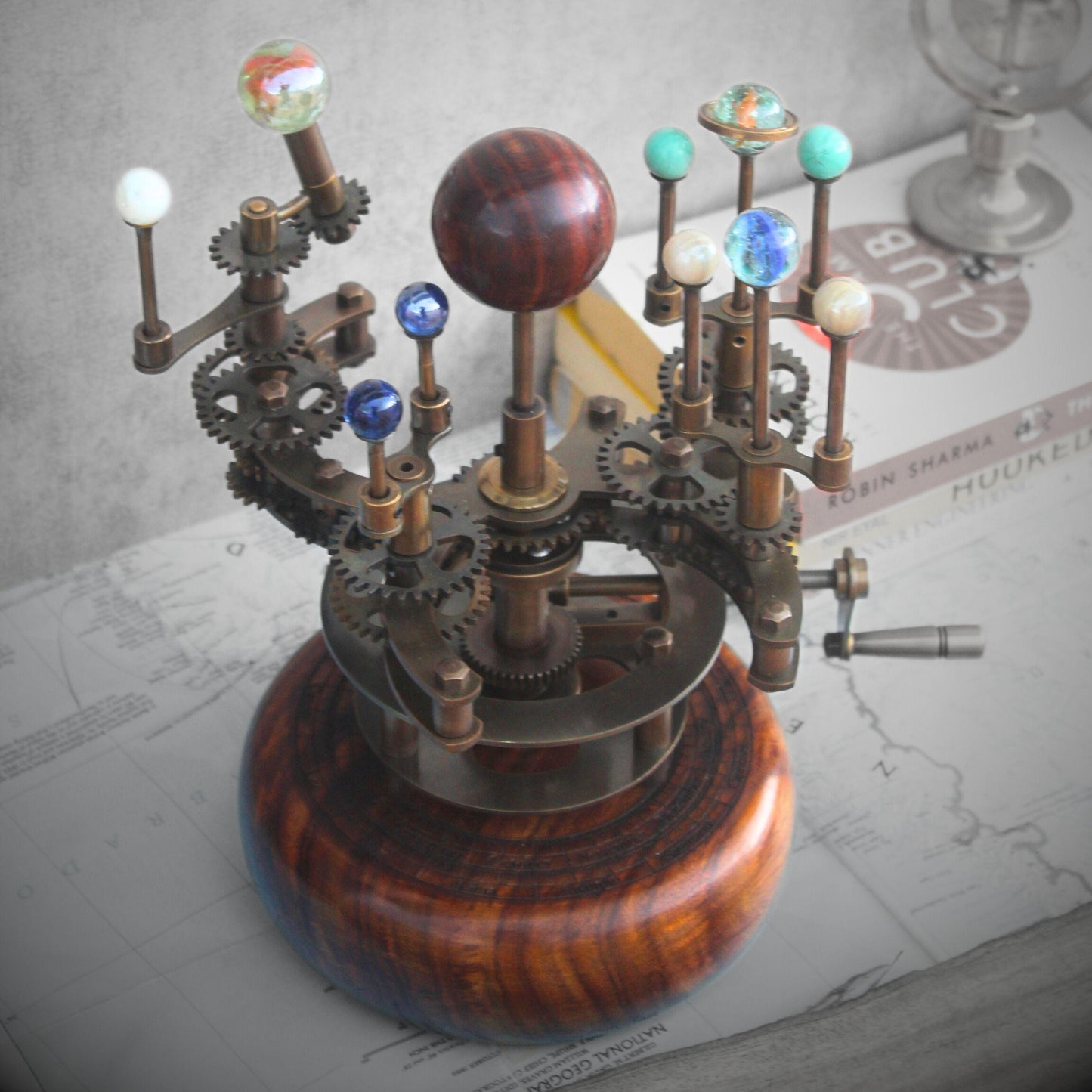 Luxury Art Orrery, Piece for Book Shelves Brass and Steel Orrery A Functional Model of the Solar System with planets