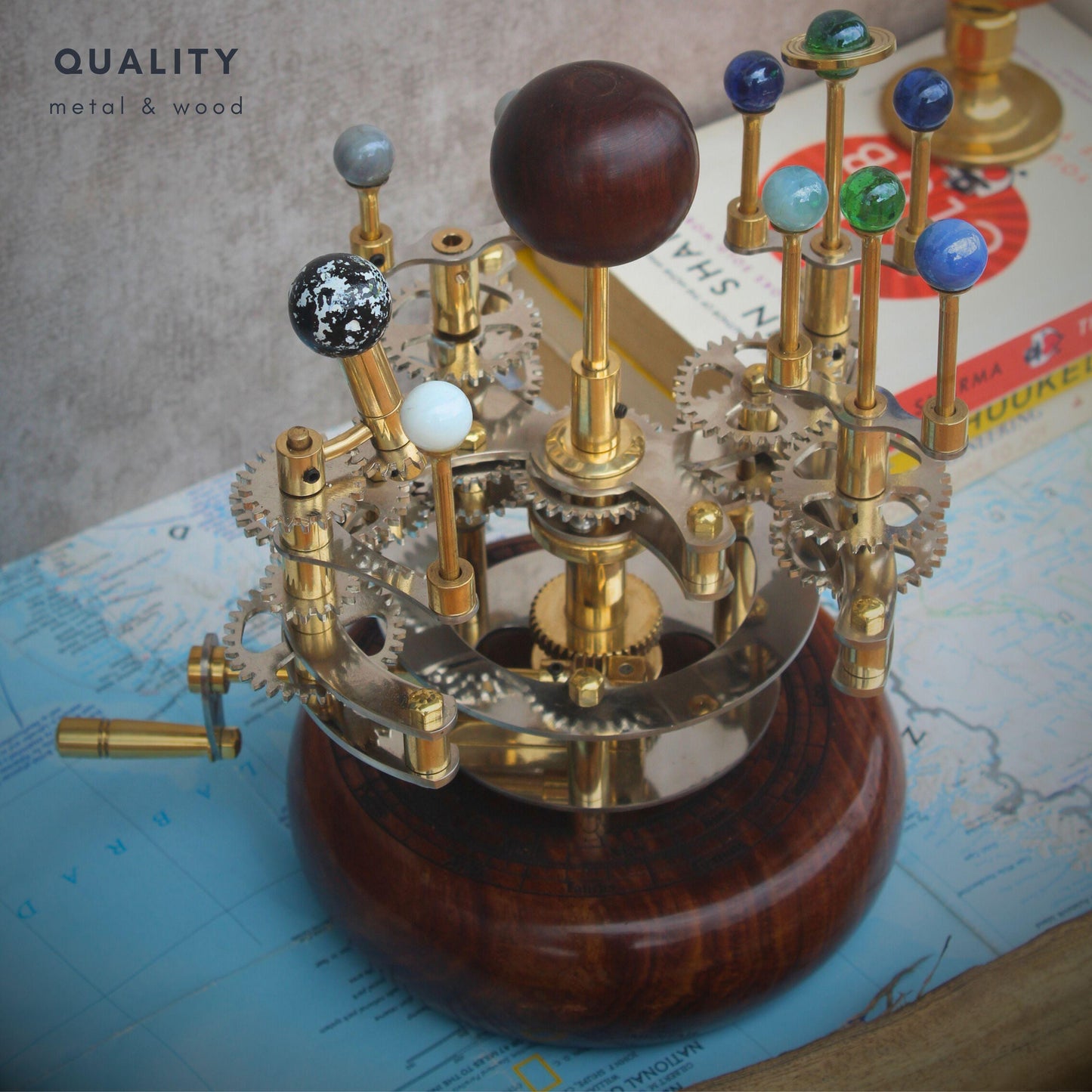 Steampunk Decor Orrery, Piece for Book Shelves Brass and Steel Orrery A Functional Model of the Solar System with planets