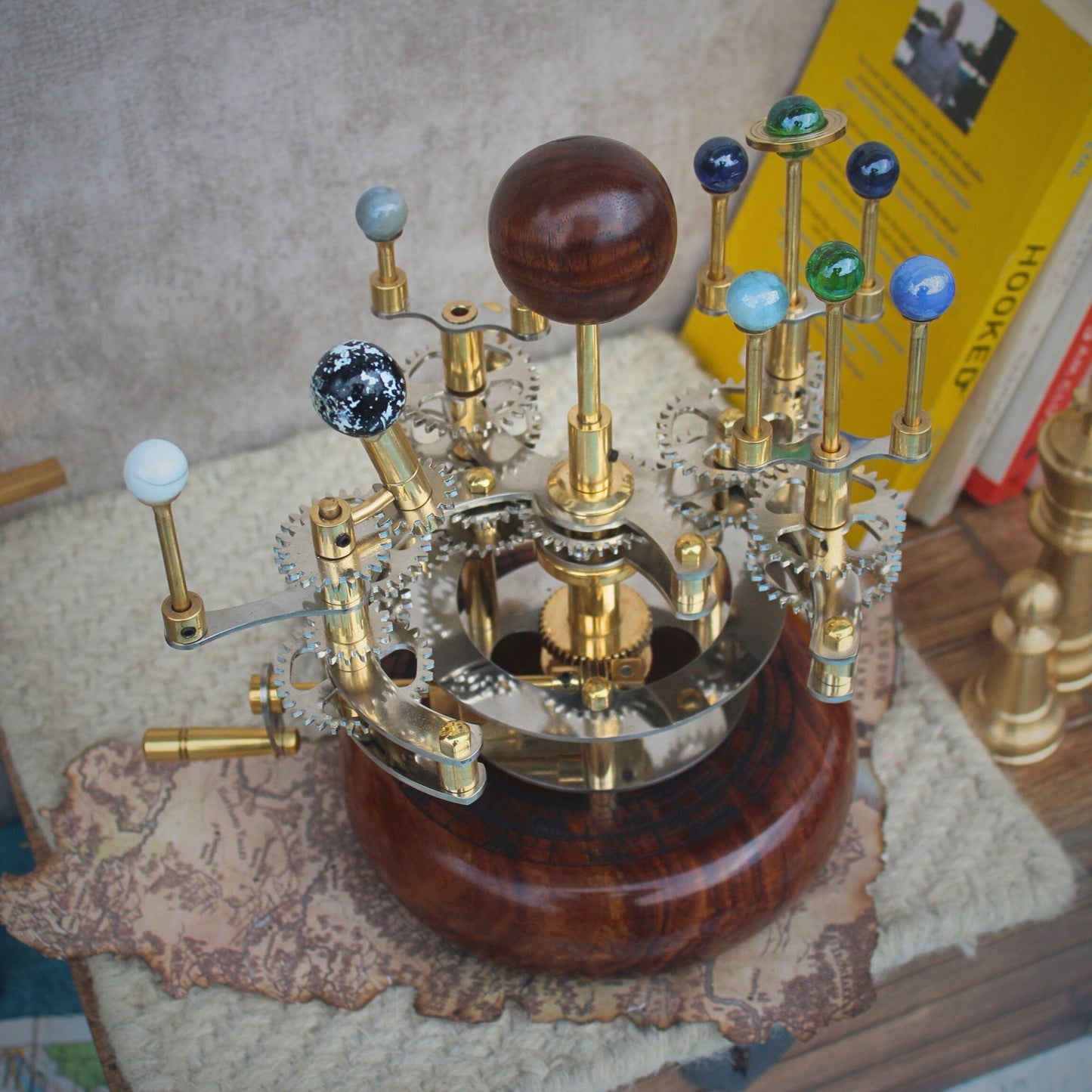 Steampunk Decor Orrery, Piece for Book Shelves Brass and Steel Orrery A Functional Model of the Solar System with planets