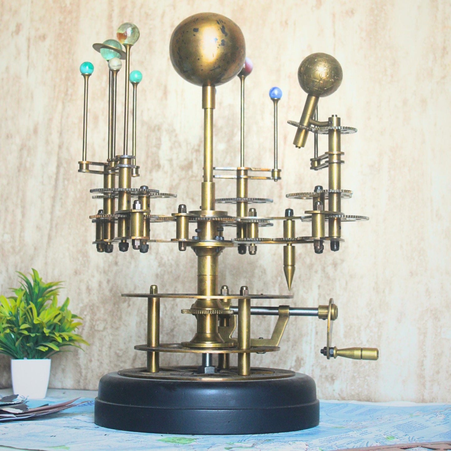 Rustic Orrery Solar System Celestial Model Fully Functional Antique Orrery with Saturn